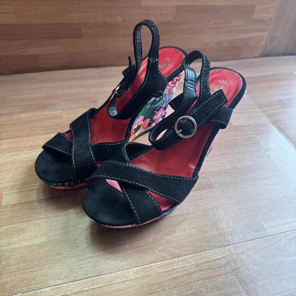 Tamaris Black Suede Multicolor Floral Wrapped Platform Wedge Sandals